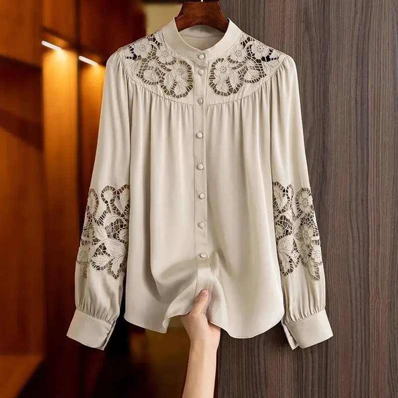 

Blouse 2022 new products embroidered stand collar long-sleeved shirt loose lace hollow shirt off-the-shoulder top blouse women