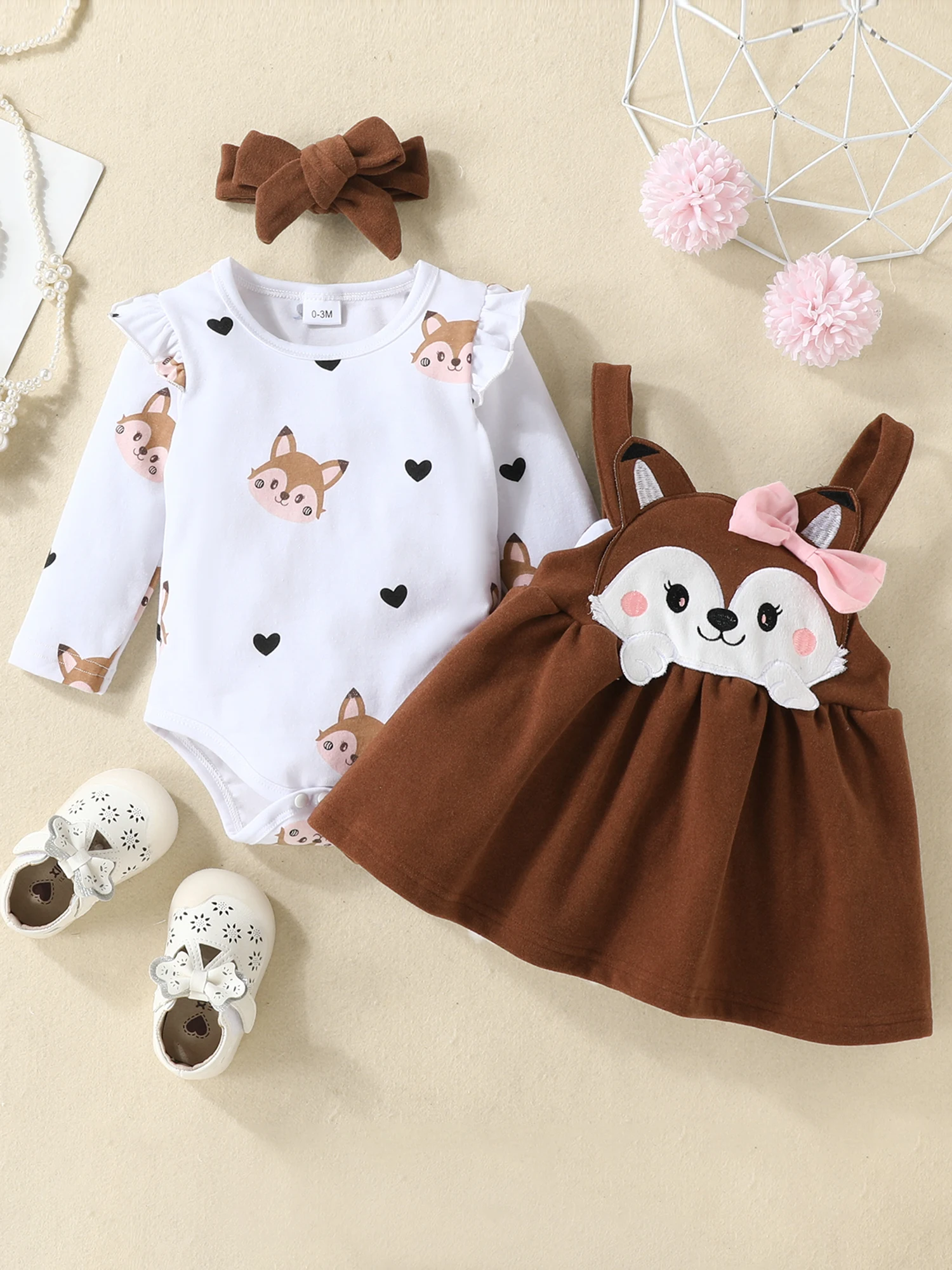 Infant Baby Girl Autumn Clothes Long Sleeve Ruffle Romper and Fox Print Suspender Skirt Headband Sets (Red 6-9 Months)