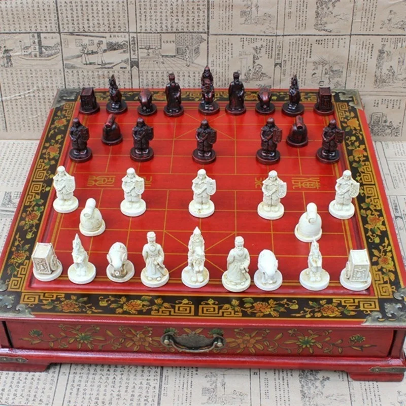 High-grade Antique Wooden Chinese Large Desktop Chess Game Set Folding Chessboard Chinese Traditions Resin Pieces Board Game