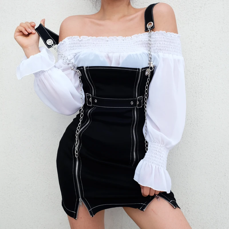

2022 Black Chain Zipper Split Straight Strappy Mini Dress Women Buckle Belt Punk Style Casual Dresses Fashion Summer Goth Dress