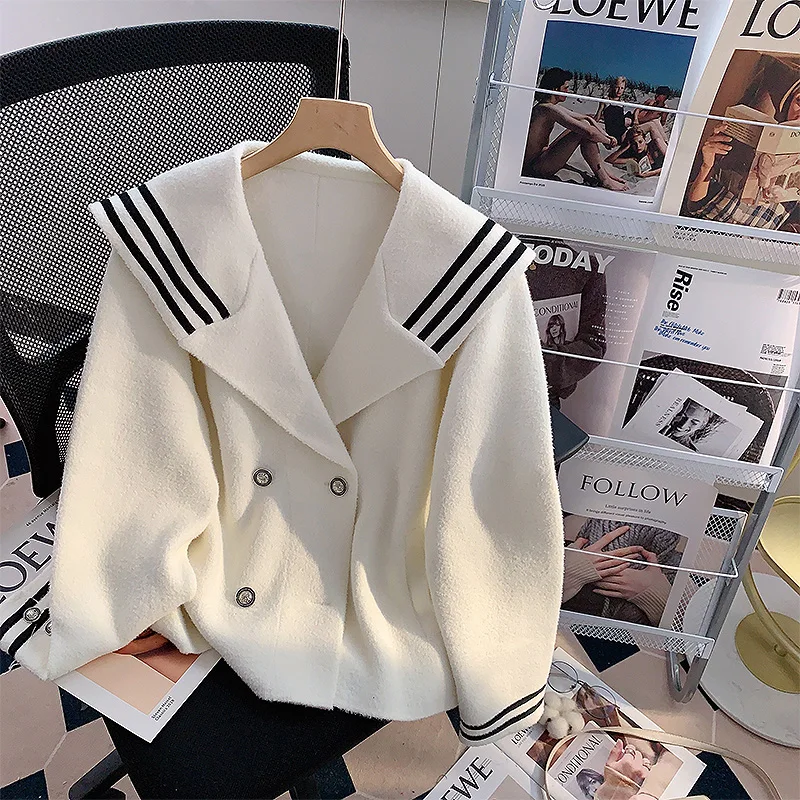 Sailor Collar Jackets Double Breasted Wool & Blends Coats Sweet Preppy Style Long Sleeve 2022 Winter Thick Short Jackets