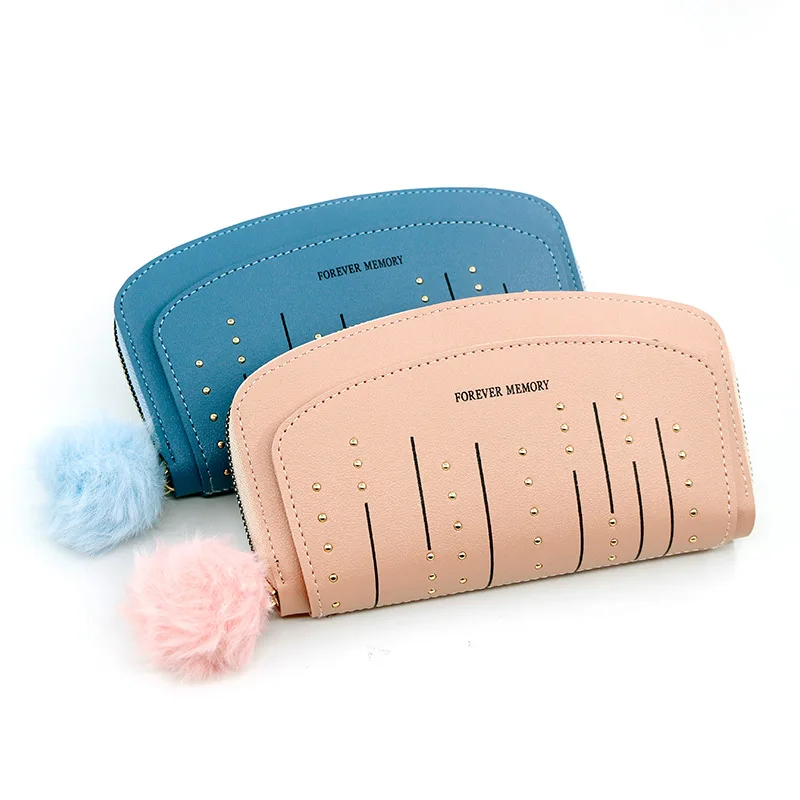 

2022 New Women PU Leather Fur Ball Ornaments Wallets Lady Retro Rivet Hasp Long Purse Outdoor Portable Bank Card Phone Hand Bag