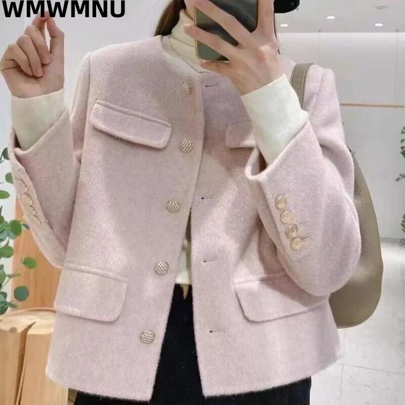 

Wool Blend Women Short Jacket Spring Causal Elegant Chic Cropped Coat Korean Fashion O-Neck Woolen Slim Chaquetas New 2023