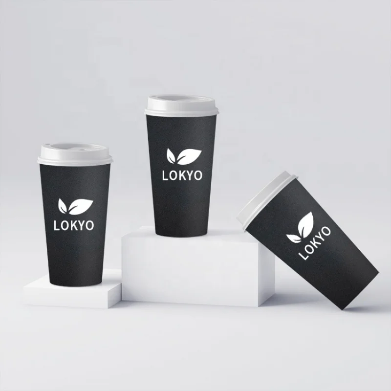 LOKYO custom printed disposable single wall 10oz hot beverage eco friendly black paper coffee cups with lid