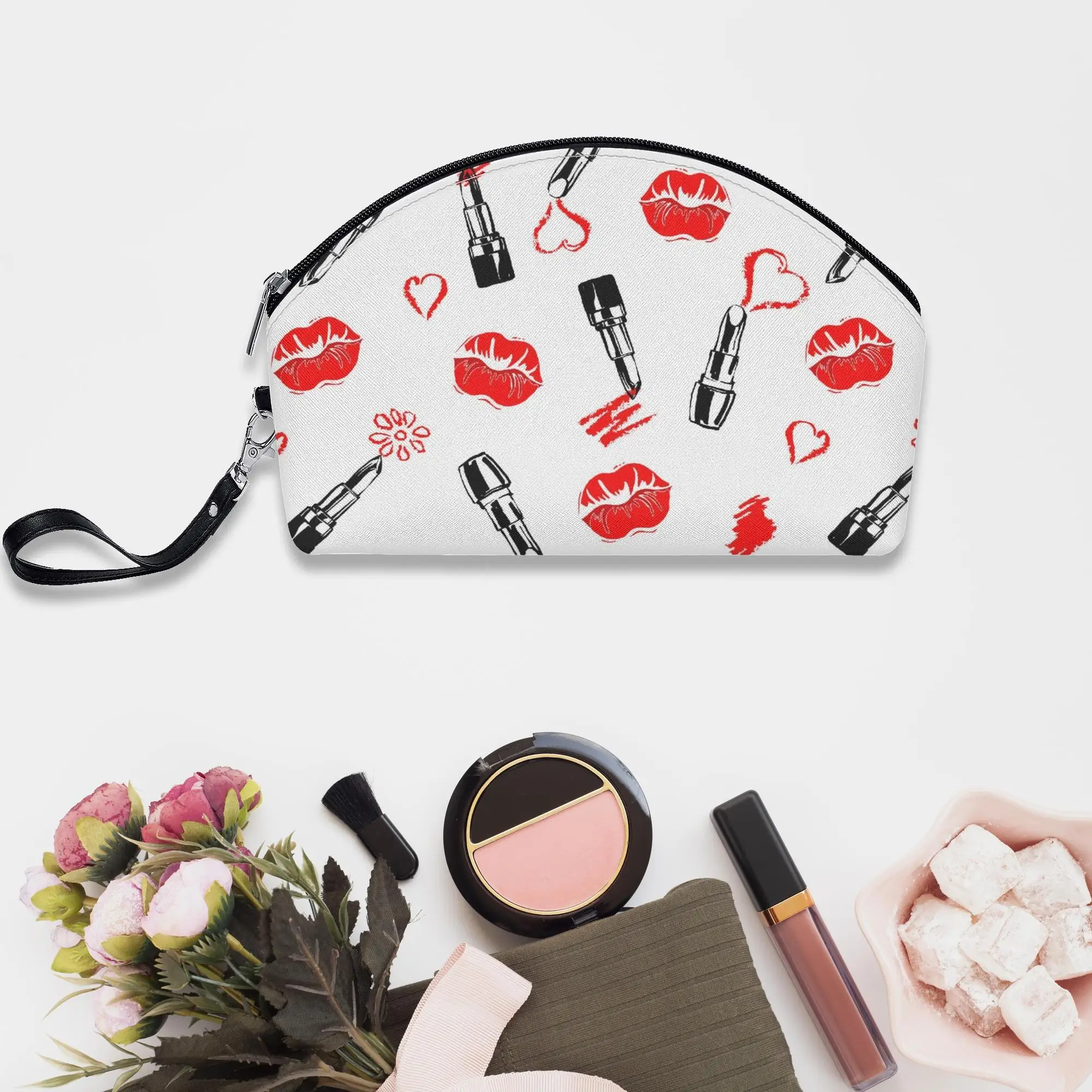 

Sexy Lips Mini Faux Leather Cosmetic Bag For Women Portable Zipper Strap Makeup Organizer Lady For Travel