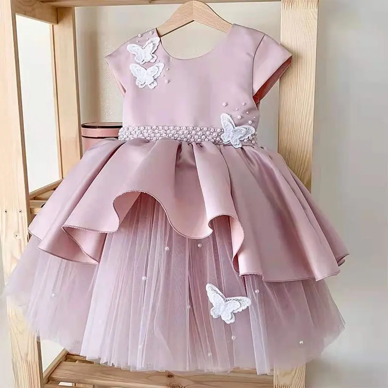 

Toddler Girls Princess Dresses Short Sleeve Mesh Acthwork Birthday Party Kids Clothes White Pearls Children's Bridesmaid Dresses
