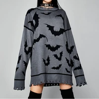 printed fashion gothic long sweater long sleeve loose round neck pullover bat tattered ladies ruffled hem fashion streetwear