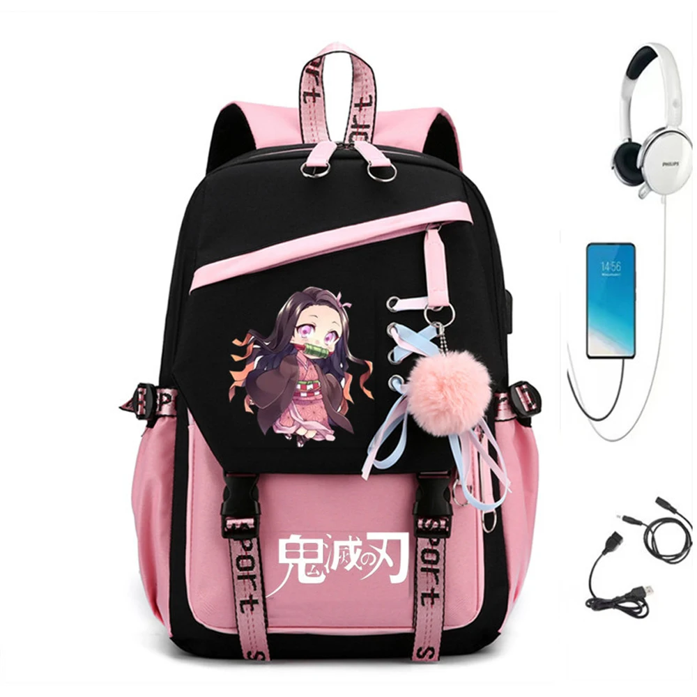 Demon Slayer-mochila escolar Nezuko para chica, morral de Anime con Usb para...