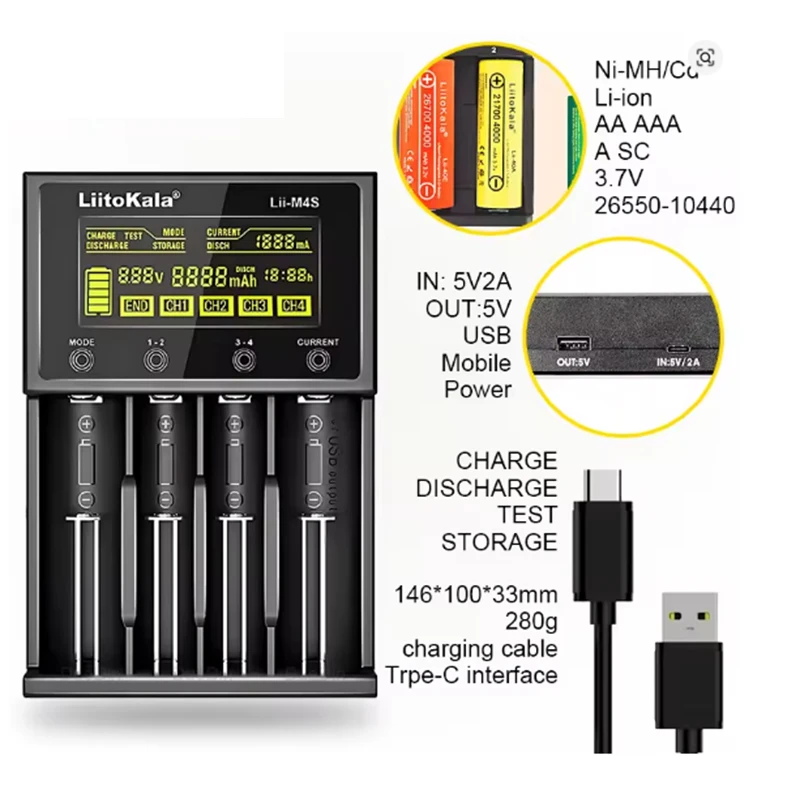 Фото Зарядное устройство LiitoKala Lii-M4S M4 для аккумуляторов 3.7V 1.2V 18650 26650 21700 14500 18350 17500 AA AAA, совместимое с различными типами батарей №5