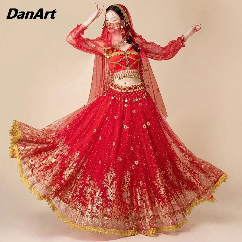 Женский костюм для танца живота длинное платье с пышной юбкой и длинным рукавом