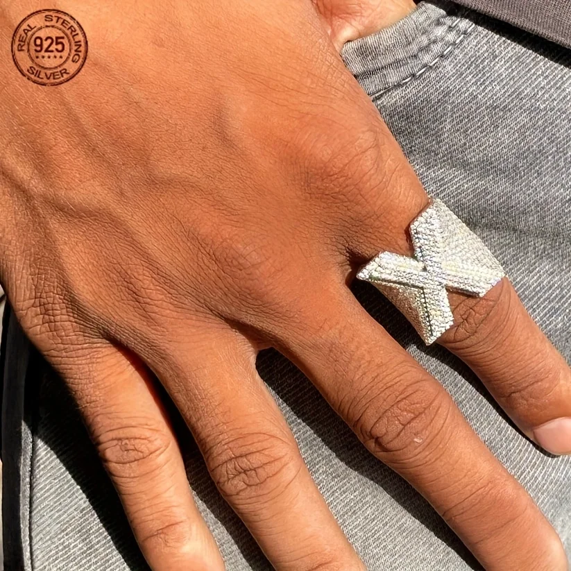Полностью Iced Out Initial X Diamond Letter Кольца для мужчин Роскошное кольцо из стерлингового серебра 925 пробы в стиле хип-хоп 5А Ювелирные изделия с цирконом и платиновым покрытием (art.: 3920d30997803) - 3920d30997803
