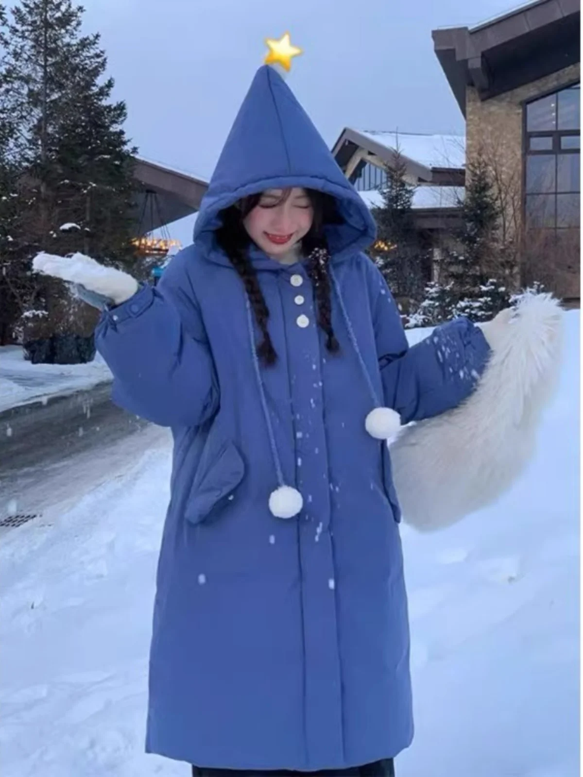 Korean Series Blue Sweet and Cute Hood Cotton-Padded Coat for Women 2024 Winter New Loose Warm Mid-Length Outerwear Cotton-Pa...