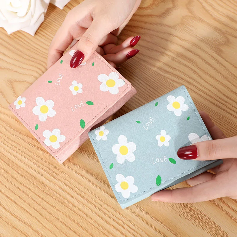 Women's Short Wallet Cute Student FlowersTrend Small Fashion Three-fold  Coin Purse Ladies Card Bag