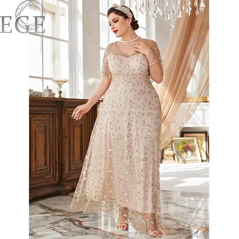 Plus Size 4XL5XL Embroidered Lace Chiffon Dress Apricot Banquet Party Wedding Dress Plus Size V Neck Short Sleeves Maxi Chiffon