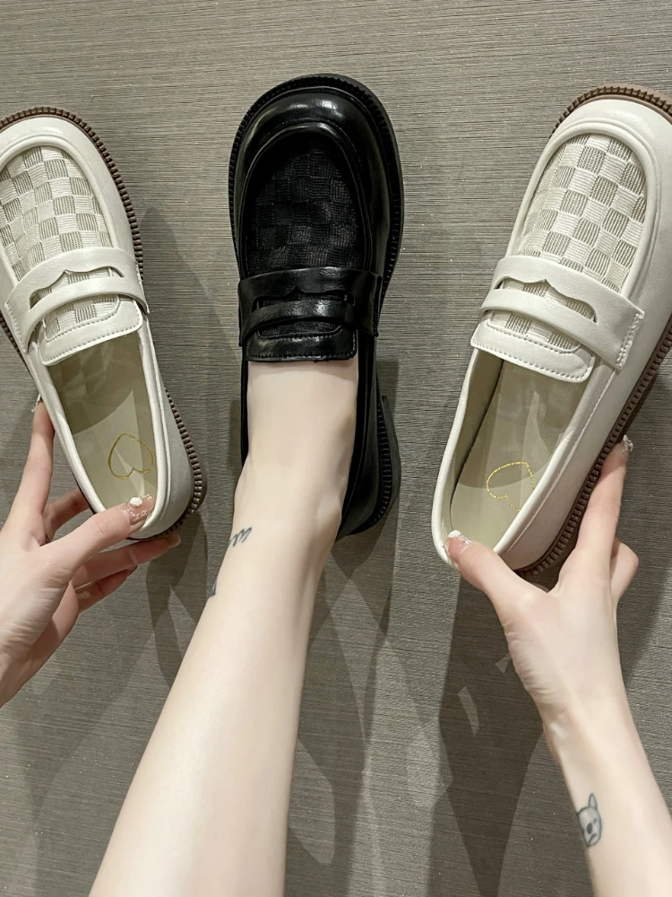 

New thick soled round toe loafers breathable summer retro soft leather single shoes