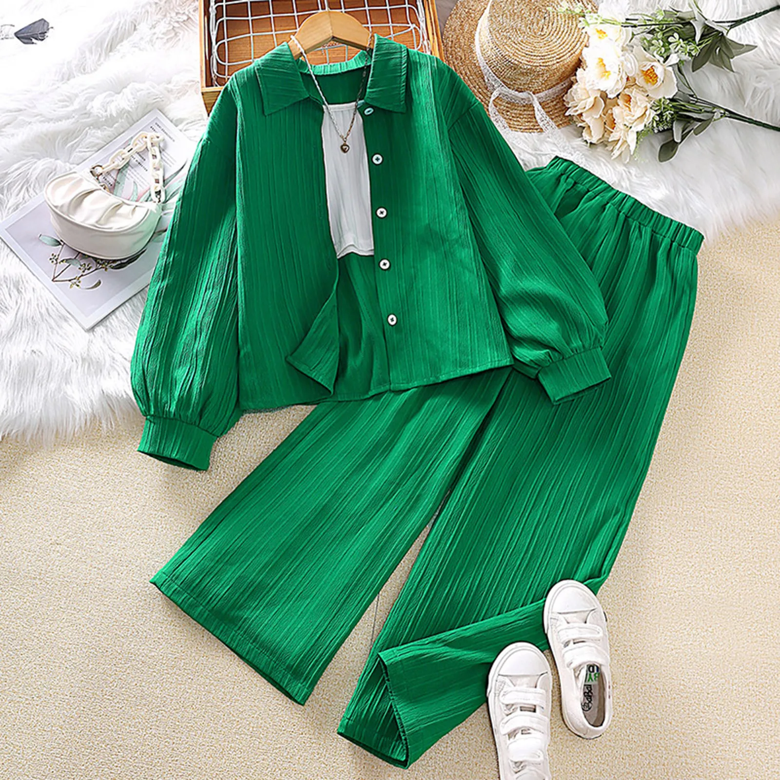 

Kids Girls Autumn Long Sleeve Clothes Sets Green Tops And Pants 2PCS Outfits Set For Girls 8 10 11 12 Years Old Children Clothes
