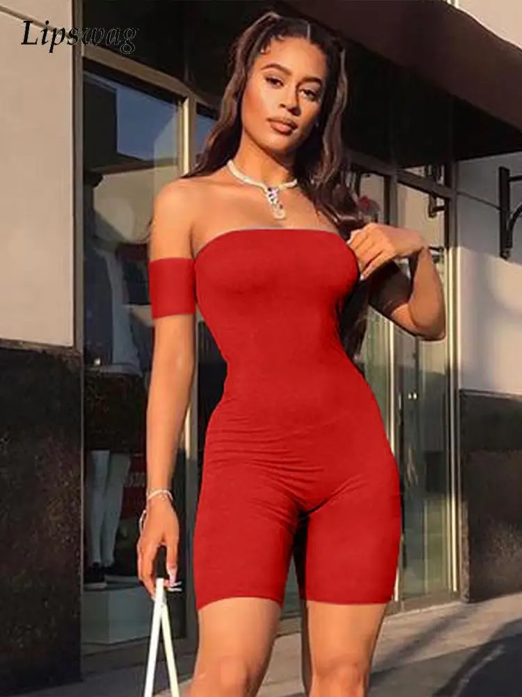 

2022 Sexy Casual Solid Jogging Street Playsuits Spring One-Shoulder Short Jumpsuit Sexy Skinny Short Sleeve Women Fashion Romper