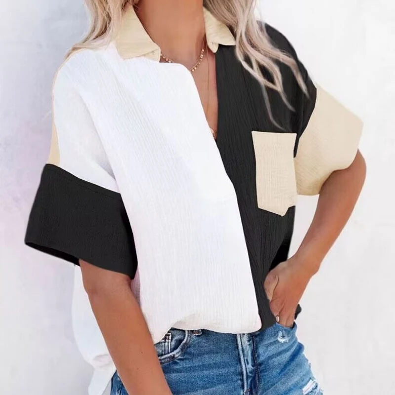 

Cotton Blouse Women Tops Summer Fashion Patchwork Color Shirt Pocket Casual Loose Short Sleeve Turn Down Collar Clothes 26436