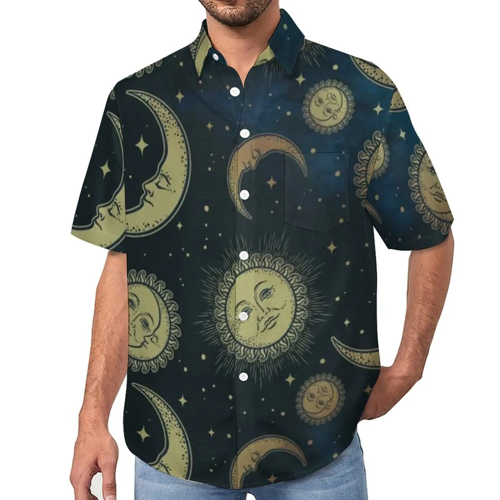 

Retro Sun Print Loose Shirt Mens Vacation Moon Stars Celestial Night Casual Shirts Hawaii Short Sleeve Novelty Oversize Blouses