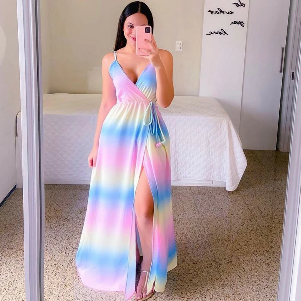 

Gradient Color Printing Women Bohemian Dress 2022 Summer Spaghetti Strap Lace-up Backless Sleeveless A-Line Floor-length Dresses