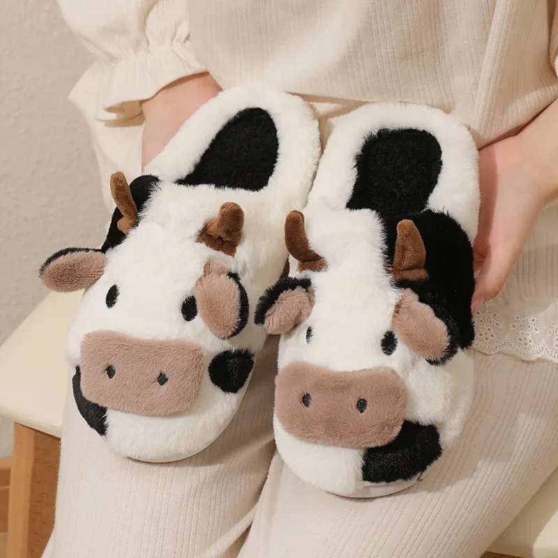 

Women Men Plush Cotton Slippers Indoor Household Cute Cow Slippers Couples Home Anti-Slip Slides Kawaii Footwear