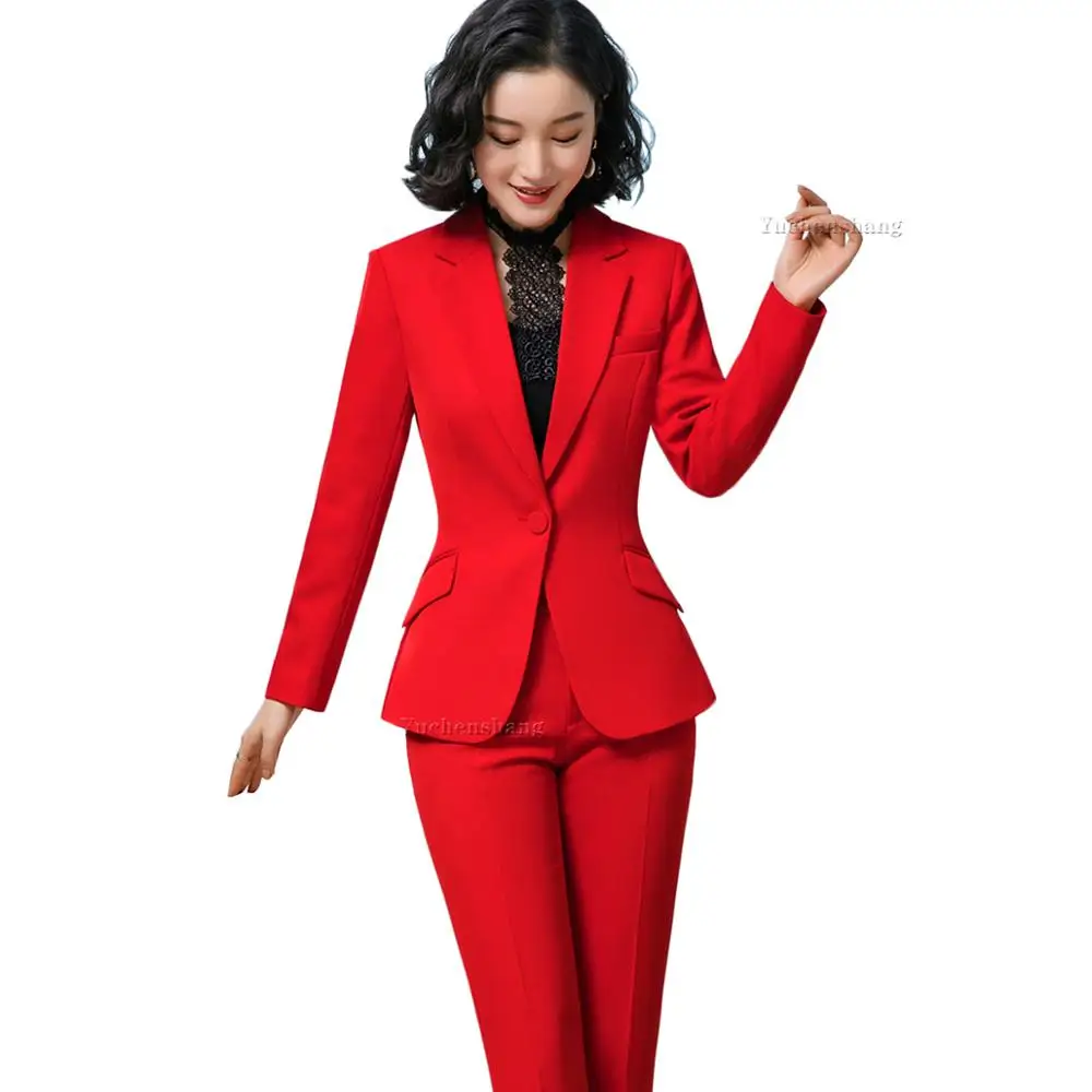 

Red Dark Blue Black Women Pant Suit for Office Lady Two Pieces Set Size S-4XL Formal Work Career Blazer Coat With Pant Set Suit