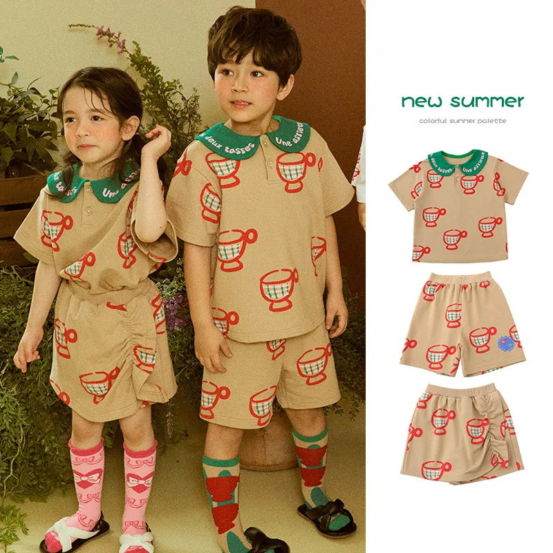 

2022 Summer Children's Short Sleeve Suit New Regis Fashion Boys Girls Cup Print Doll Collar Suit