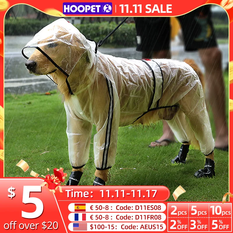 

HOOPET Pet Raincoat Puppy Four Feet Hooded Transparent Waterproof Teddy Large Dog Rain Out Clothes for Animals