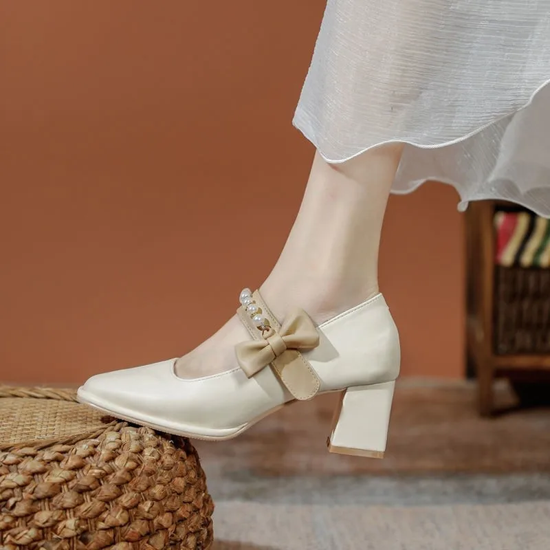 

Pearl Bow Ladies Shoes Square Head Elegant Thick Heel Women's Shoes Beaded Shallow Mouth High Heels Sweat Dress Female Pumps