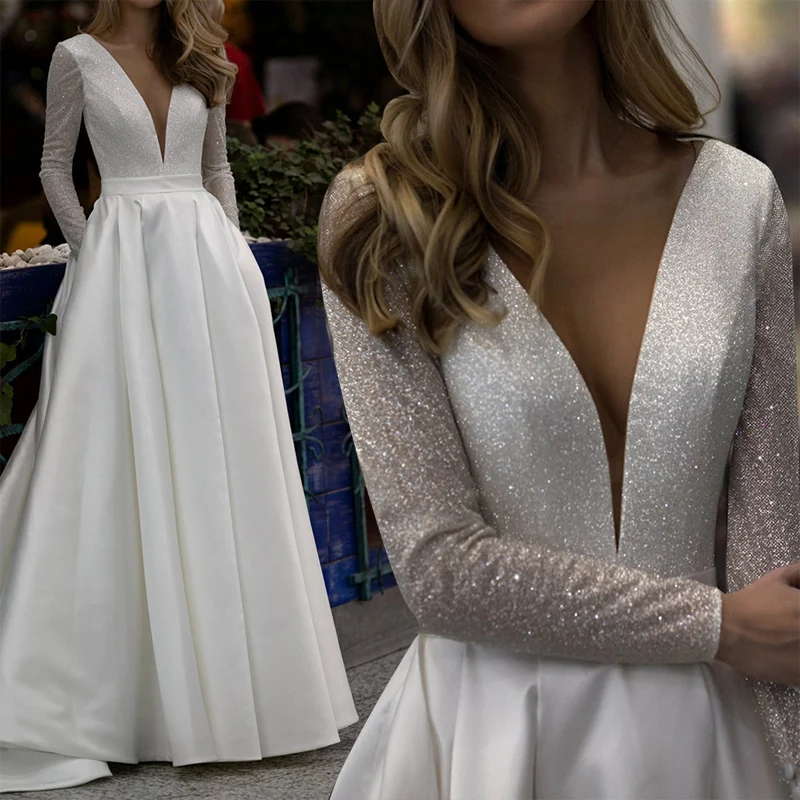 

Sparkle Satin Wedding Dresses Deep V-Neck Backless Long Sleeve Glitter Bridal Gowns Pocket Plus Size Vestido De Noiva