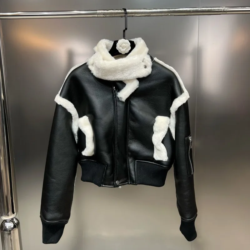 BORVEMAYS 2023 Winter New Fashion Trend Stand Collar Long Sleeve Patchwork Keep Warm Fur PU Leather Jacket Women WX289