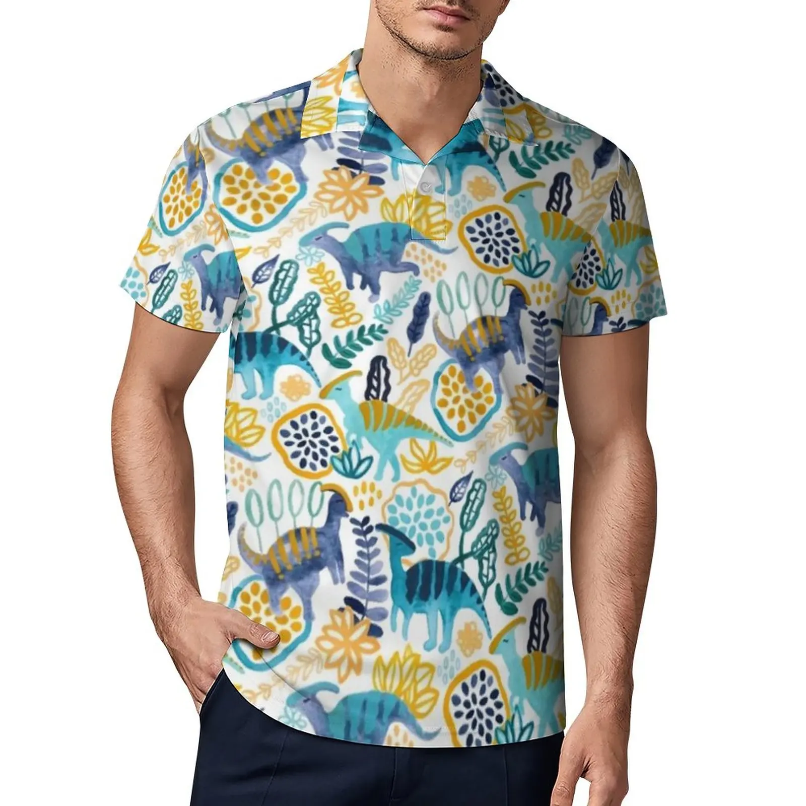 

Рубашка-поло с мультяшными динозаврами и гуашью, милая Повседневная рубашка с акварельными животными, Пляжная уличная одежда, топы, мужские...