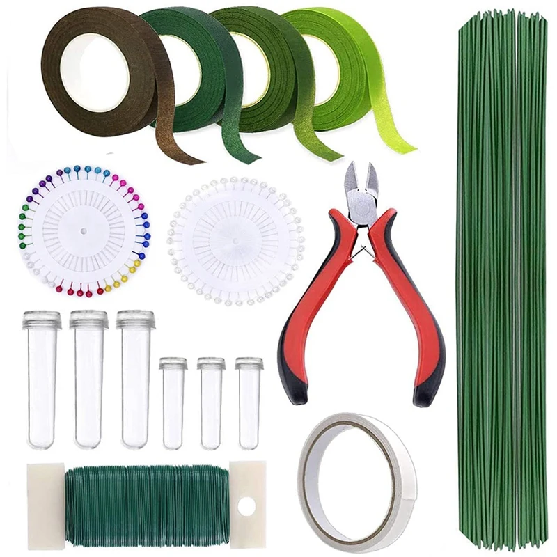 

Flower Arrangement Tool Kit,Green Florist Ribbon, Floral Wire, Wire Cutter, Ball Head Pins For Bouquet Stem Wrap Florist