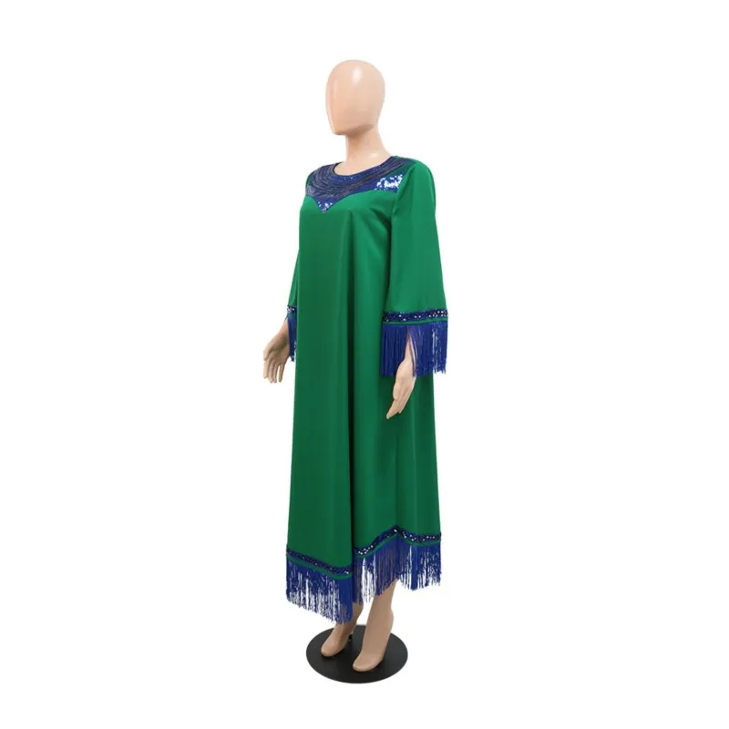 Fringed Sequins Green Maxi Dress Muslim Abaya Fashion Party African Dresses For Women Loose Ladies Traditional African Clothing