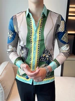 mens spring and autumn new slim casual printed long sleeve lapel thin green shirts single breasted cool stretch shirts