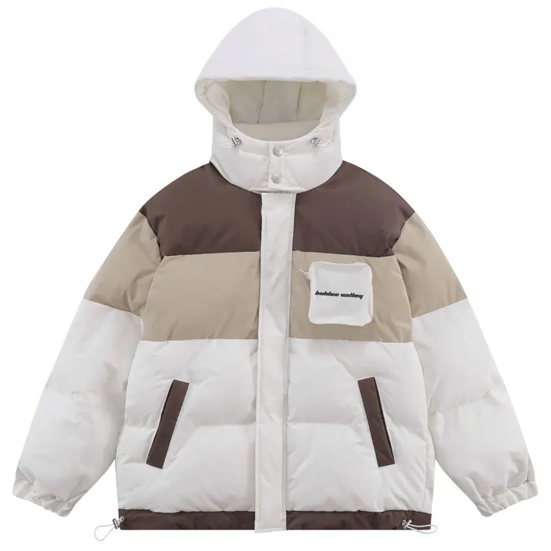 

Winter Jacket Hooded Parkas Streetwear Fashion Color Block Patchwork Thicken Warm Bubble Padded Coats Harajuku Puffer Jackets