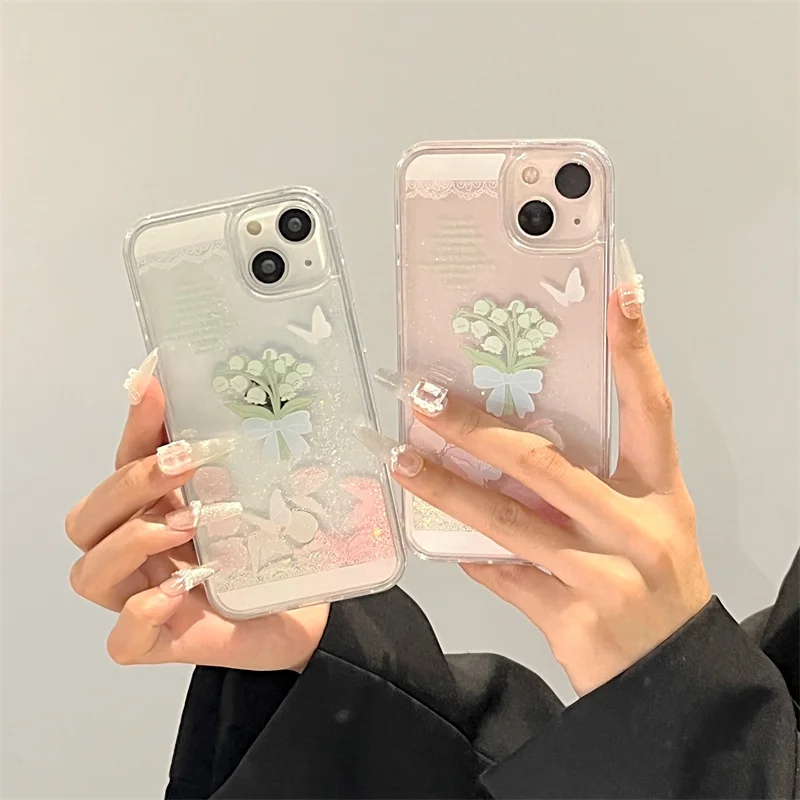 Чехол с цветами и бабочками блестящим зыбучим песком для iPhone 14 15 16 Pro Max чехол