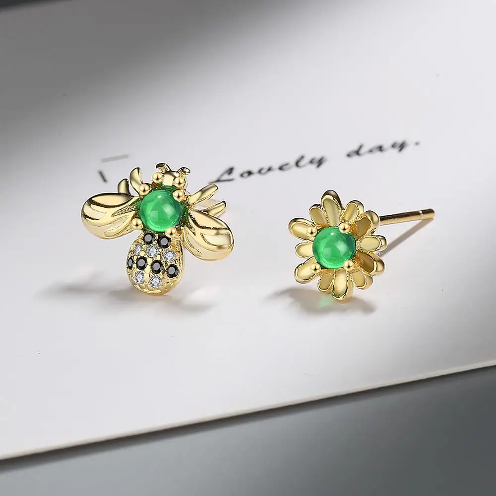 

925 Silver Asymmetric Honey Bee Earrings Sun Flower Emerald Green Stud Earrings for Women Pendientes Jewelry Brincos