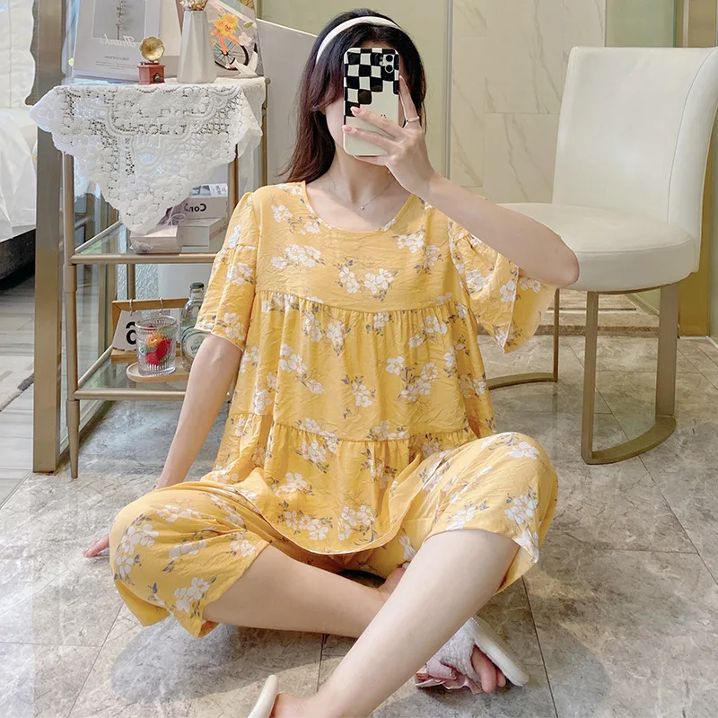 

Fdfklak Summer Suit For Women Floral Print Sleepwear Pajamas Two Piece Set Home Wear Nightwear Comfortable Viscose Pyjamas