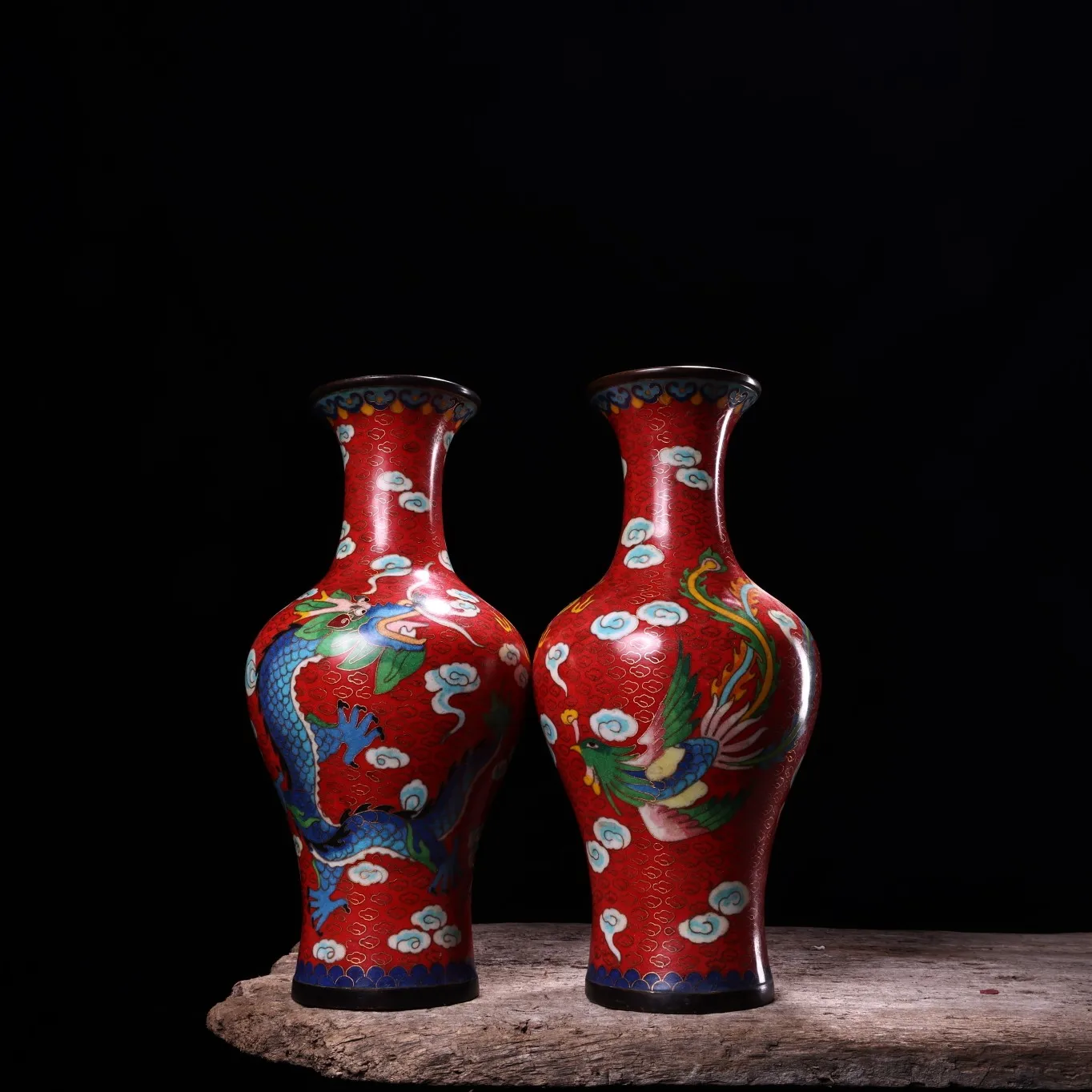 

12"Tibet Temple Collection Old Bronze Cloisonne Enamel Dragon and phoenix texture Longevity Bottle flower Vase A pair Ornaments