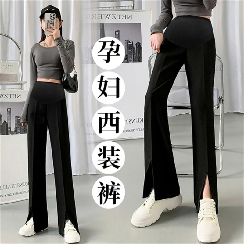 

8021# 2023 Spring Summer OL Work Maternity Long Pants Side Splits Wide Leg Loose Belly Clothes for Pregnant Women Pregnancy