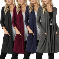 womens cardigan long sleeve medium long simple coat female spring autumn wear black grey blue red solid color cotton clothes