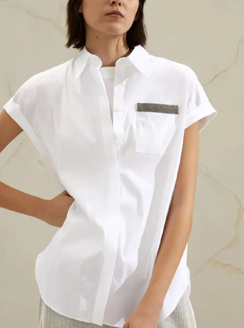 

Women Shirt Pocket Bead Chain Short Sleeve Office Lady Blouse