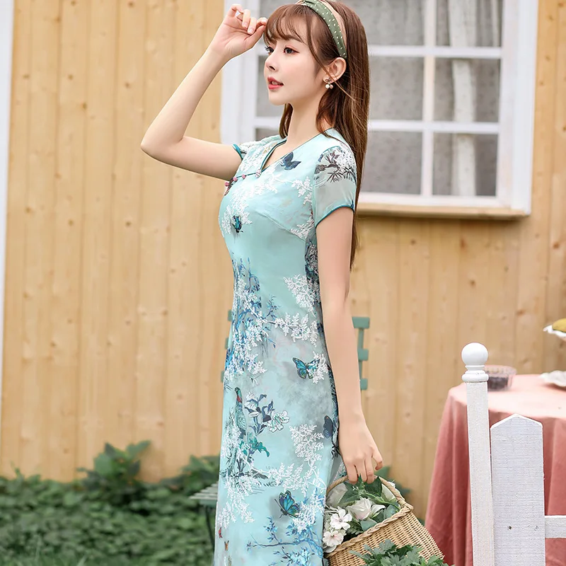 Женское платье-Ципао с воротником-стойкой винтажное шифоновое платье в