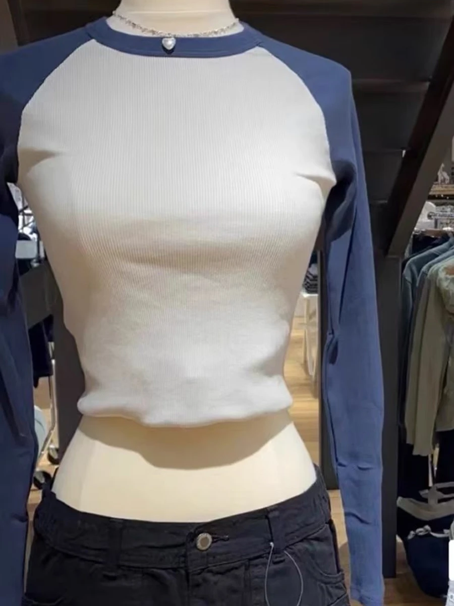 Винтажная лоскутная футболка в рубчик женская весенняя повседневная с круглым