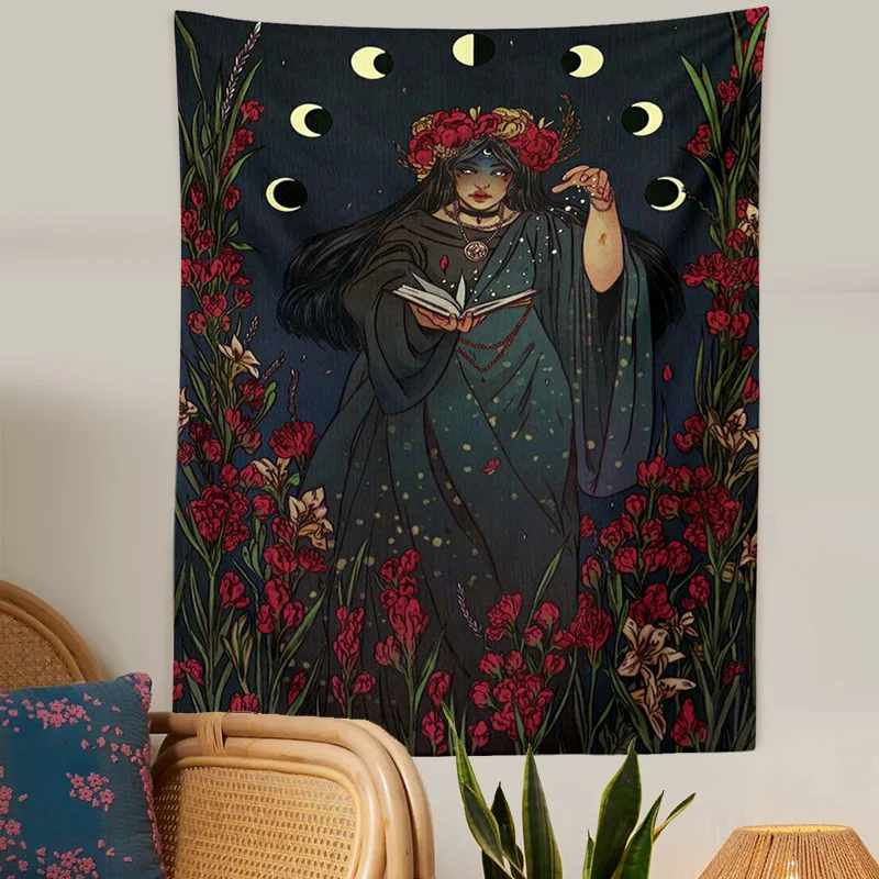 

Botanical Tarot Tapestry Wall Hanging Moon Starry Psychedelic Scene Home Decoration Witchy Nature Witchcraft Art Sheets Decor