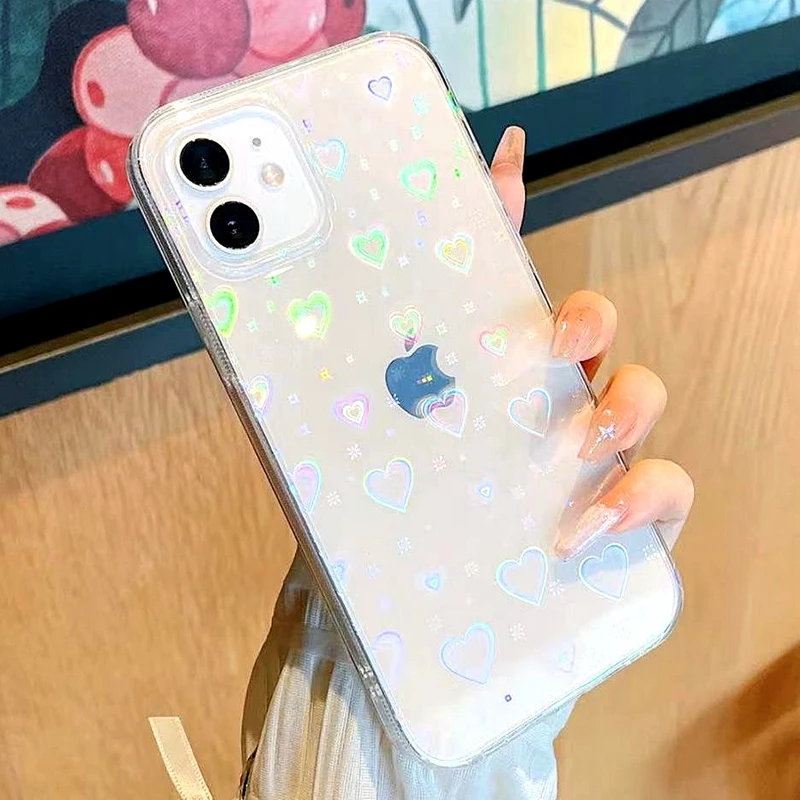 

Luxury Laser Love Heart Transparent Phone Case For iPhone 11 12 Pro Max X XS XR 7 8 Plus SE 2020 Shockproof Bumper Back Cover