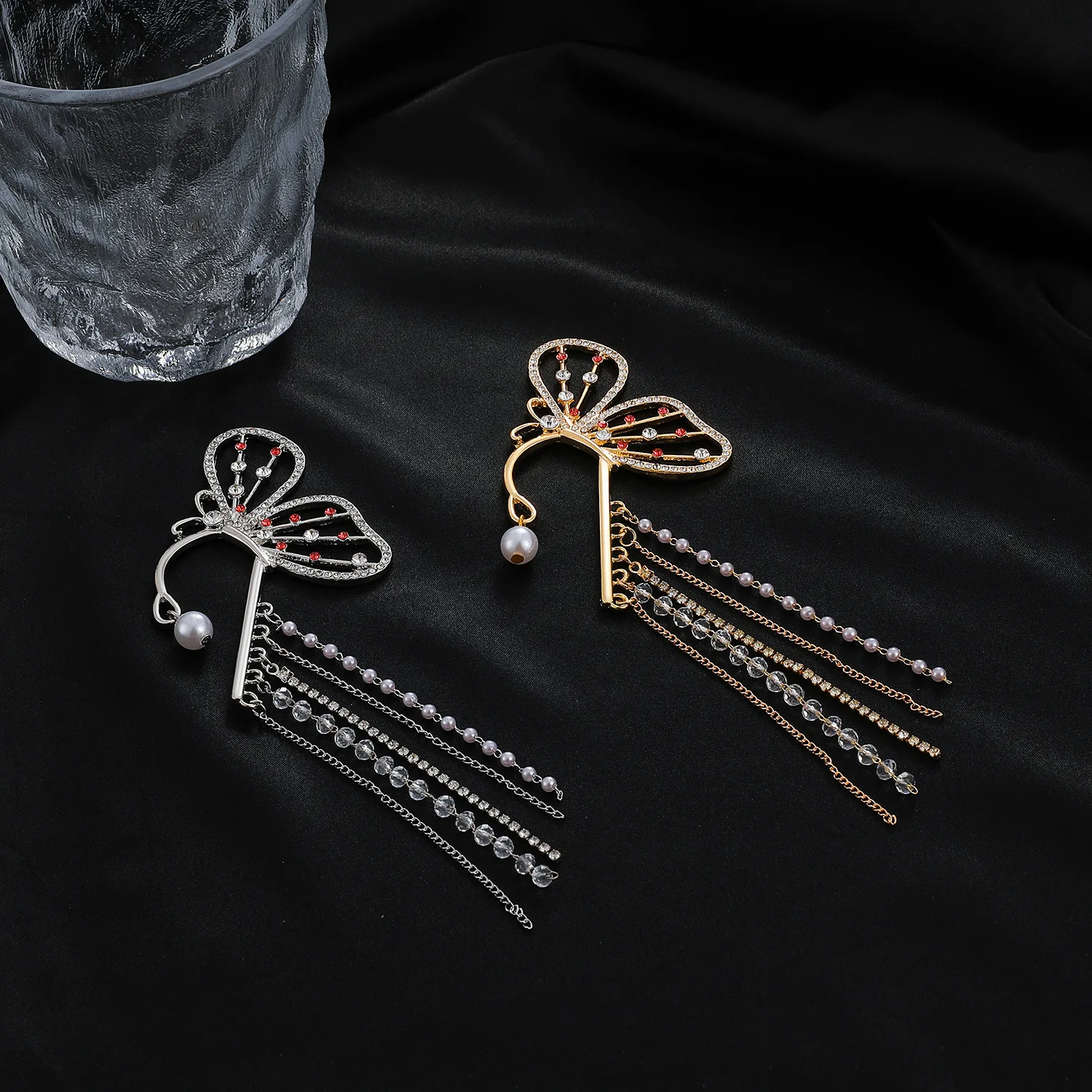 

Aporola Super Fairy Crystal Tassel Butterfly Ear Bone Clip Long Pearl No Ear Hole Single Ear Clip Ear Hanging Girl Party Jewelry