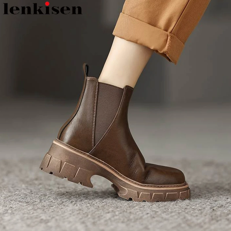 

Lenkisen винтажные теплые зимние ботинки челси из коровьей кожи на толстом каблуке на платформе для зрелых дам для отпуска увеличенные повседневные ботильоны