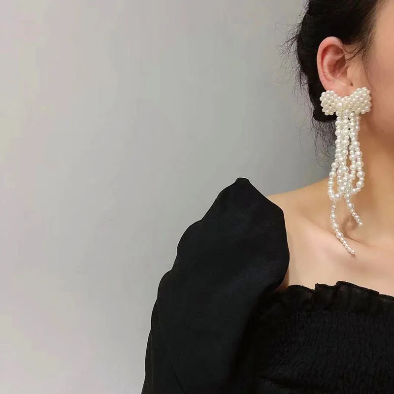 

Korean Style Bowknot Handmade Dangle Earrings for Women White Simulated Pearl Earrings Weddings Party Jewelry Accessories